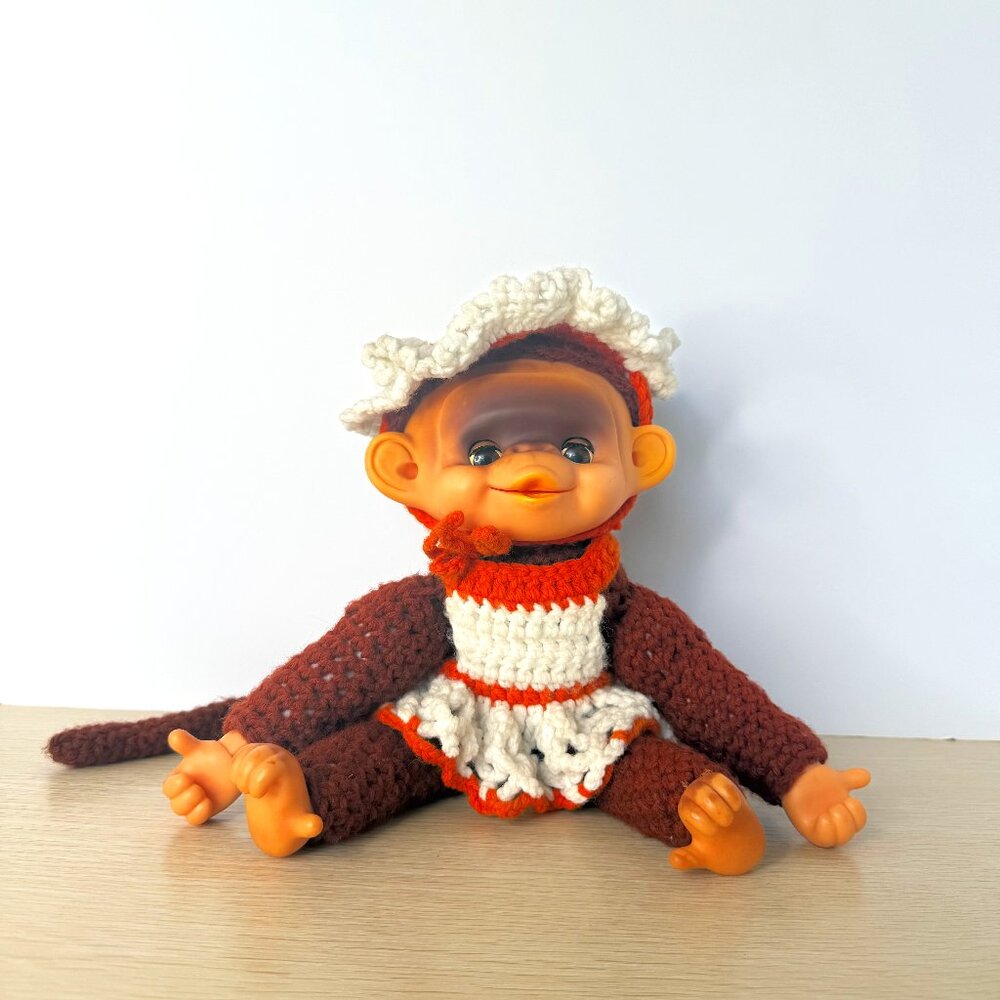 Rare Vintage Rubber Face Stuffed Monkey with Handmade Crochet Dress 1970's